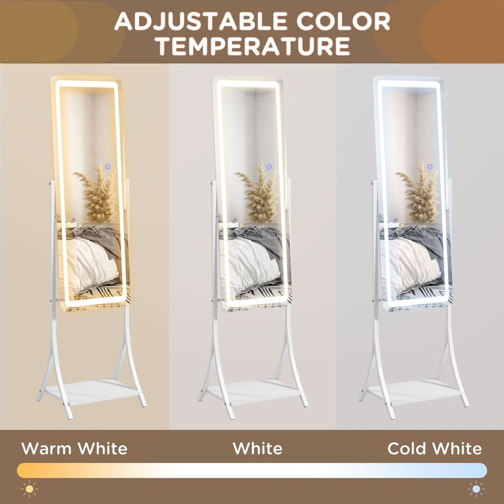LED Lighted Full Length Mirror, Floor Standing Mirror with Storage Shelf