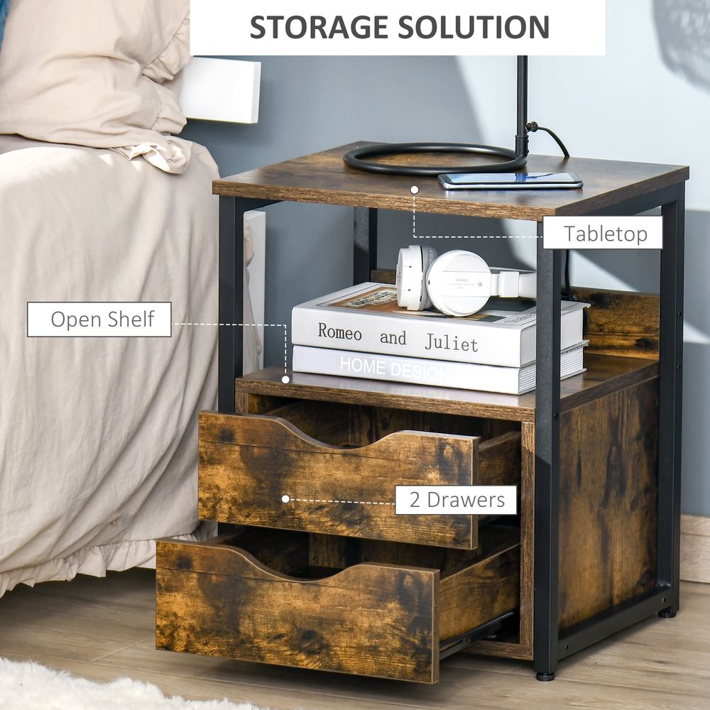 Industrial Side Table with Drawer, Sofa Table, Bedside Cabinet with Storage Shelf, Slim Nightstand for Living Room, Bedroom, Rustic Brown