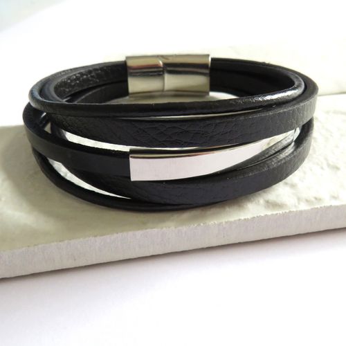 Men's Black Leather Bar Bracelet - Fashion Accessory