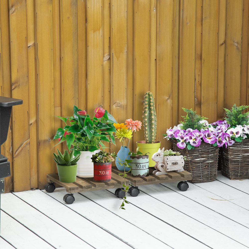 Wooden Plant Stand Set - 2 Pack - with Wheels - Flowerpot Holder