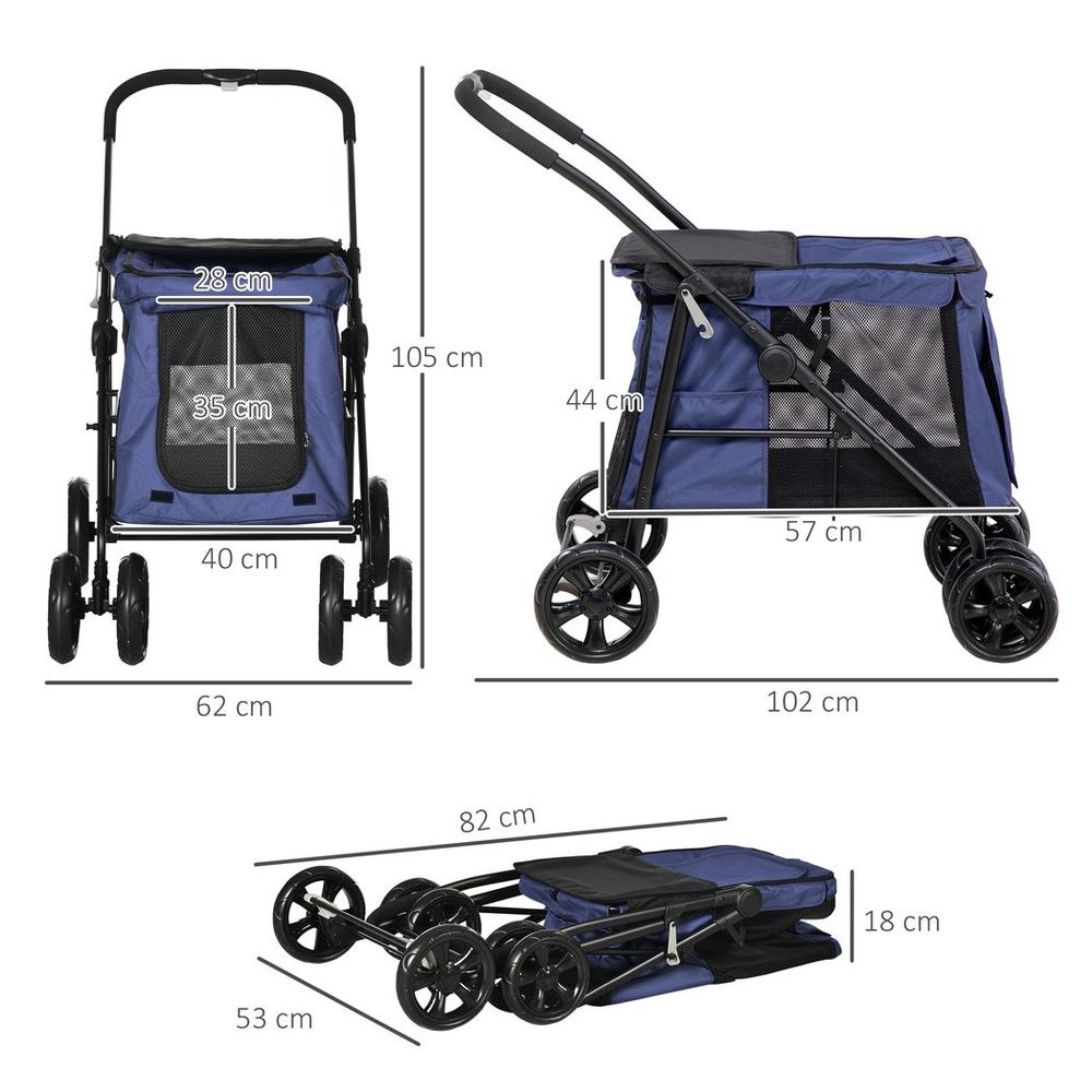 One-click Foldable Pet Stroller w/ Mesh Windows, for Small Pets - Blue