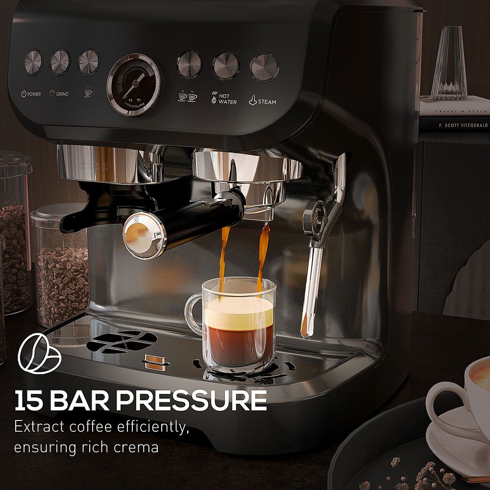Espresso Machine w/ Integrated Grinder & Steam Wand - 15 Bar Pressure - Professional Quality