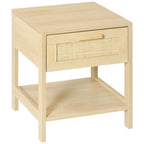 Bedside Table Nightstand W/ Rattan Drawer Storage Shelf Bedroom Living Room