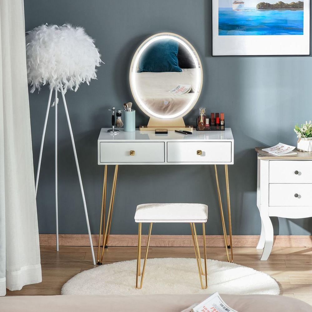 Dressing Table Set With LED Mirror & Stool 2 Drawers Makeup Desk