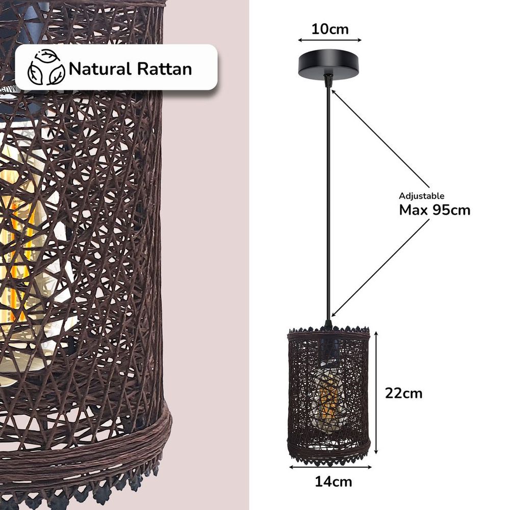 Vintage Wicker Rattan Pendant Light - Handmade, Adjustable, E27 Base - for Living Room, Dining Room, Cafe, Bar