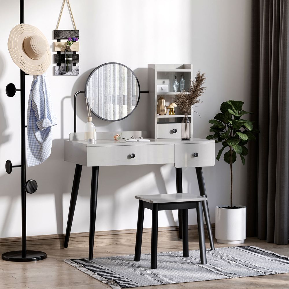 Grey Dressing Table Set: 3 Drawers, Storage Shelves & Stool - Stylish