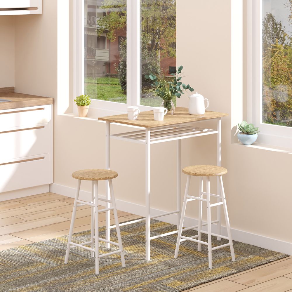 3Pc Bar Height Dining Set: White Oak; 3-Piece Kitchen Furniture for Small Spaces; Steel Frame; MDF Tops