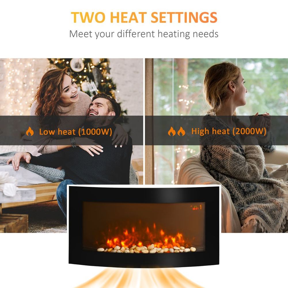 Electric Fireplace Wall Mounted Led Flame Curved Back Side Lights Heater