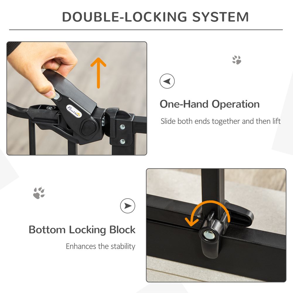Extra Tall Dog Gate with Cat Flap, Pet Safety Gate for Doorways Stairs with Auto Close Double Locking, 104 cm Tall 74-80 cm Wide, Black