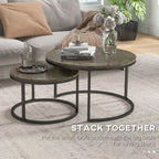 2-Pc Stacking Coffee Table Set: Steel Frame, Marble-Effect, Foot Pads