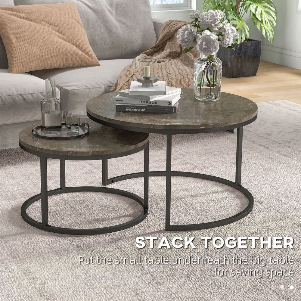 2-Pc Stacking Coffee Table Set: Steel Frame, Marble-Effect, Foot Pads