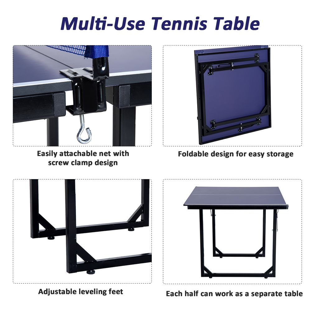 6ft 182cm Mini Table Tennis Table Folding Ping Pong Table with Net Multi-Use Table for Indoor Outdoor Game, Blue