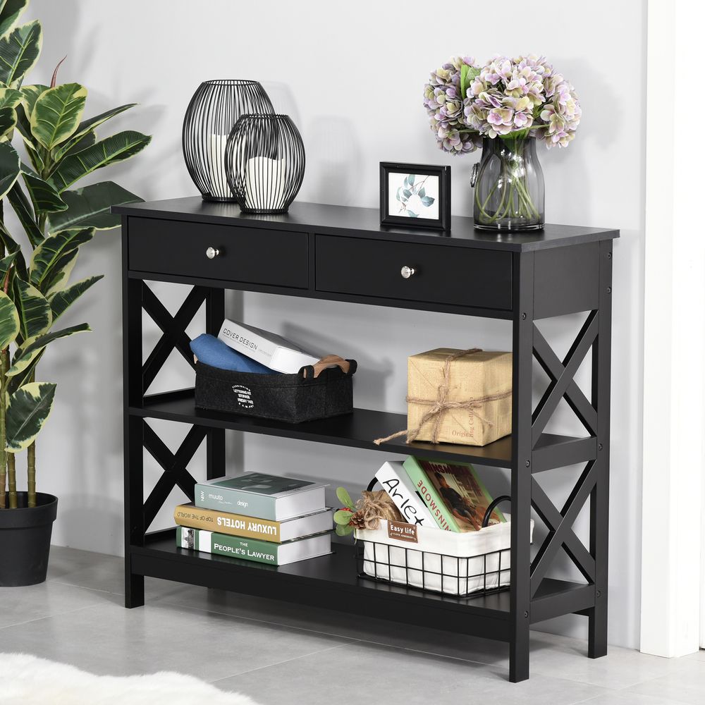 Console Table Side Desk w/Shelves Drawers Open Top X Support Frame Living Room Hallway Home Office Furniture Black