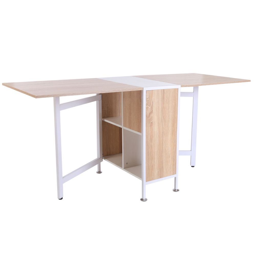 Foldable Drop Leaf Dining Table Folding Workstation for Small Space with Storage Shelves Cubes Oak & White