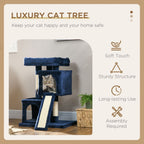 Luxury Cat Tree - Rest, Play, Scratch, & Sleep - 2 Houses, Perch, Scratching Post - Navy Blue