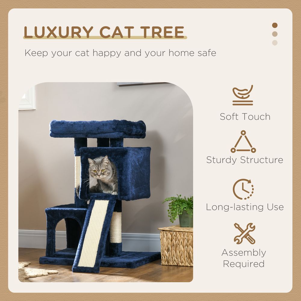 Luxury Cat Tree - Rest, Play, Scratch, & Sleep - 2 Houses, Perch, Scratching Post - Navy Blue
