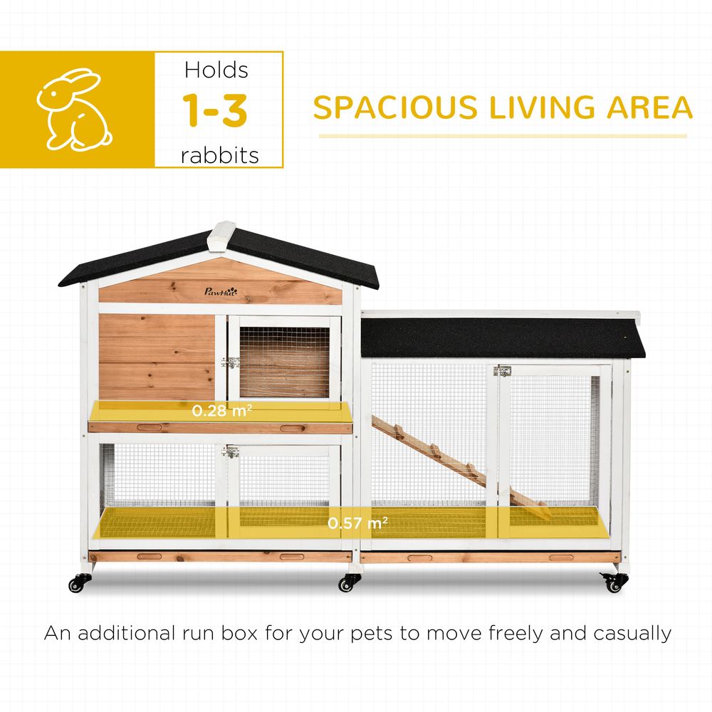 Rabbit Hutch Outdoor with Run Guinea Hutch 2-Tier Bunny Cage w/Wheels No-Leak Plastic Tray 157.4 x 53 x 99.5 cm - Yellow