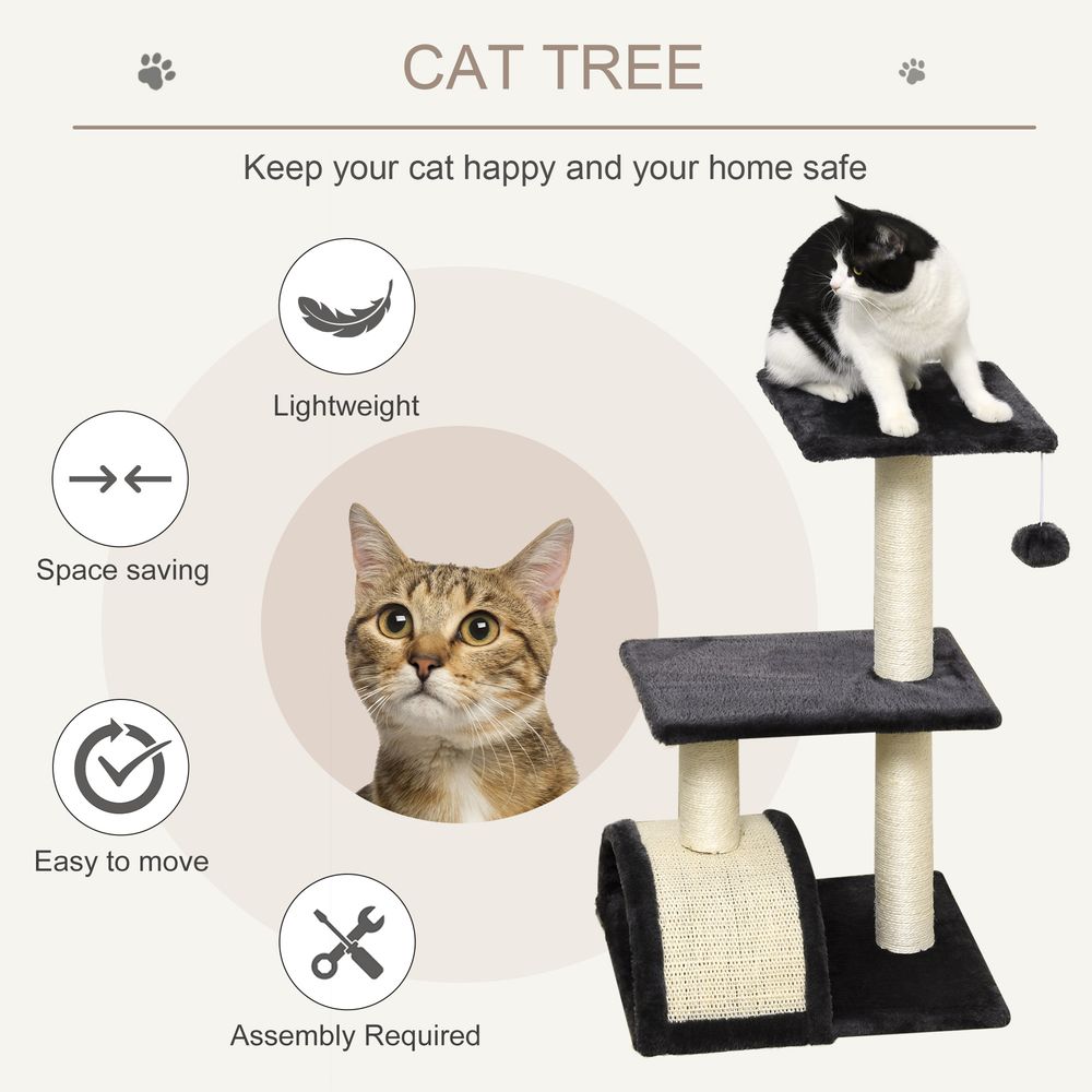 Cat Tree Tower for Indoor Cats, 72cm Climbing Activity Centre w/Sisal Scratching Post, Pad, Arc Perch, Hanging Ball, Toy - Black