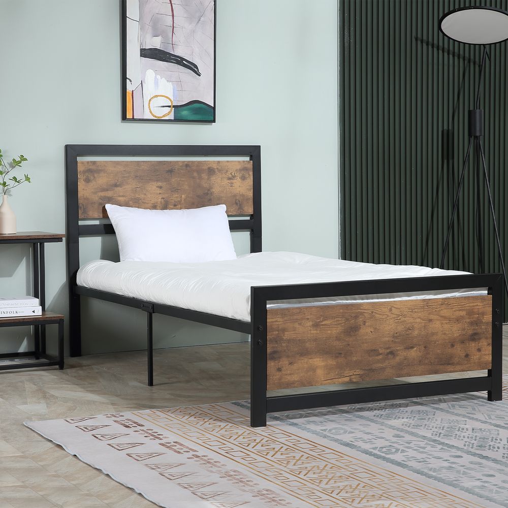 Single Size Metal Bed Frame w/ Headboard & Footboard, 97x195x103cm