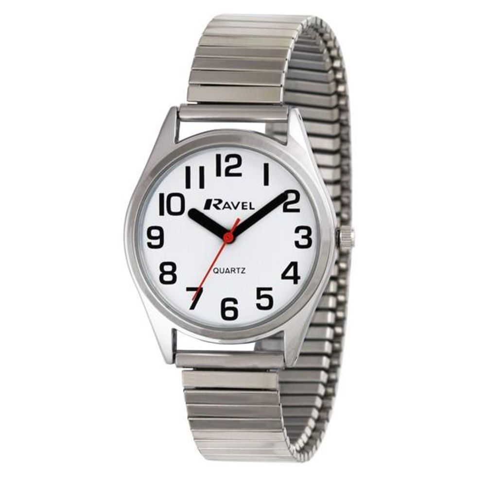 Mens Bold Easy Read Expander Bracelet Watch Silver