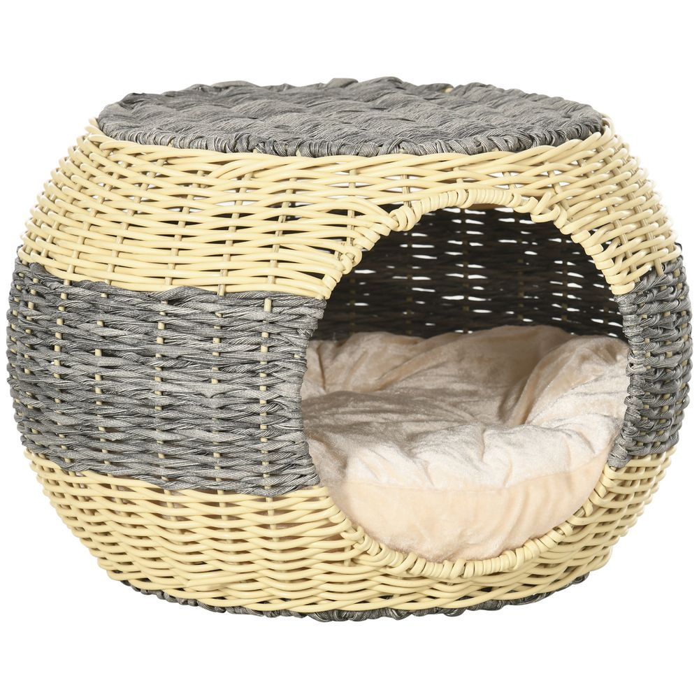 Wicker Cat House, Rattan Raised Cat Bed, Comfy Cushion - 40x30cm