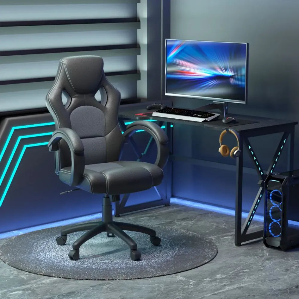 Executive Racing Swivel Gaming Office Chair PU Leather Computer Desk Chair Grey in Leather