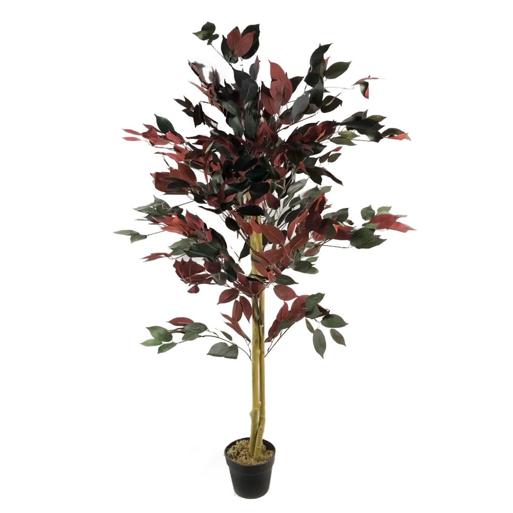 Red Ficus Tree - 120cm (4ft) - Realistic & Durable - Gold Metal Planter