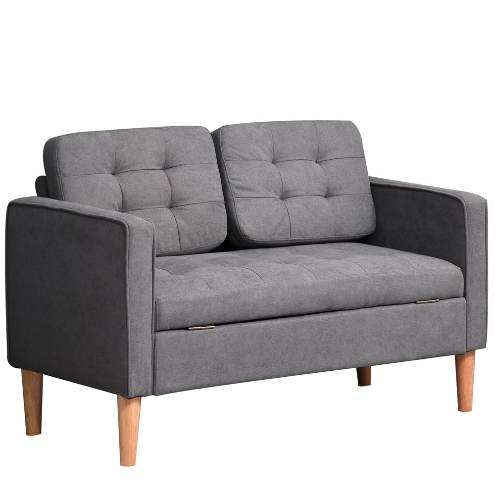 Compact Loveseat Sofa - 2 Seater with Storage & Wood Legs in Grey