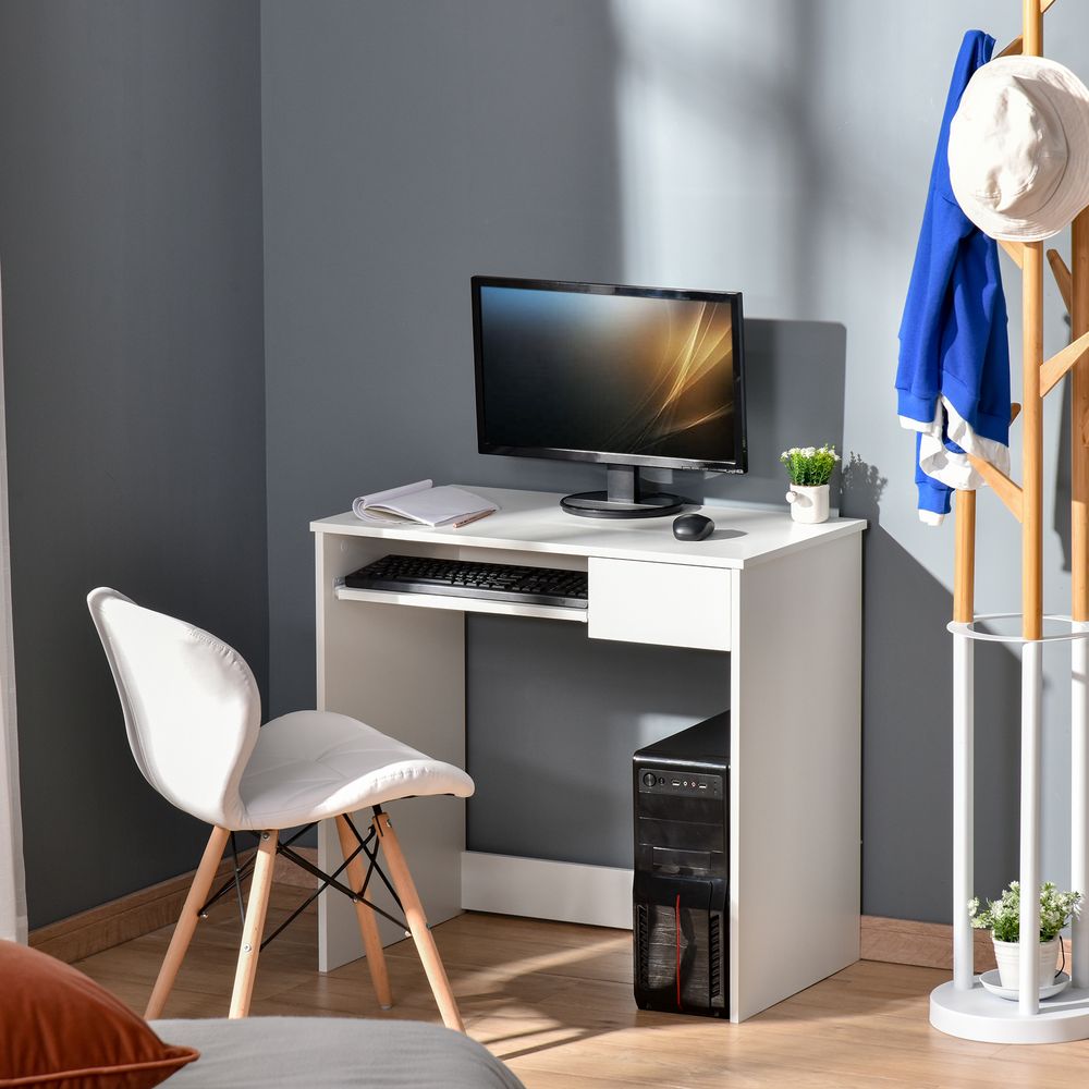 Space-Saving White Computer Table w/ Keyboard Tray - Versatile - for Study, Office or Bedroom