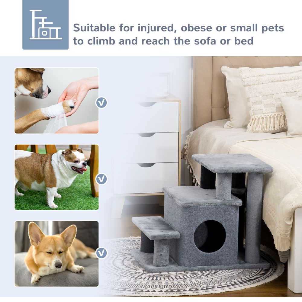 Dog Steps for Bed 4 Step Pet Stairs Cat House with Detachable Cover, Cat ladder for Sofa w/Hanging Balls - Grey