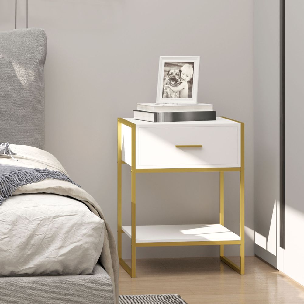 Modern Bedside Table, Nightstand with Drawer Shelf, Side Table for Living room, Bedroom White and Gold