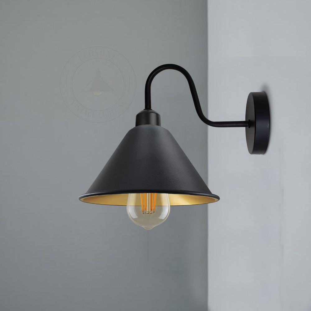 Vintage Black Gold Wall Light Fixture - E27 Base - Cone Shape Shade - Swan Neck