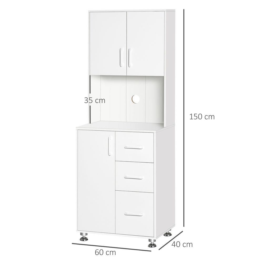 Kitchen Buffet Storage, 2 Cabinets, 3 Drawers, 60x40x150cm, White Finish