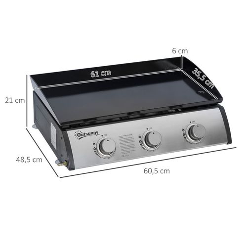 Portable Gas Plancha BBQ Grill with 3 Stainless Steel Burner, 9kW