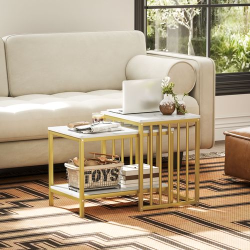 Modern Coffee Table Set of Two w/ Steel Frame Marble-Effect
