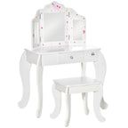 Kids Vanity Table & Stool Girls Dressing Set Make Up Desk Chair Dresser Play Set with Rotatable Mirrors Drawer Star & Heart Pattern White E