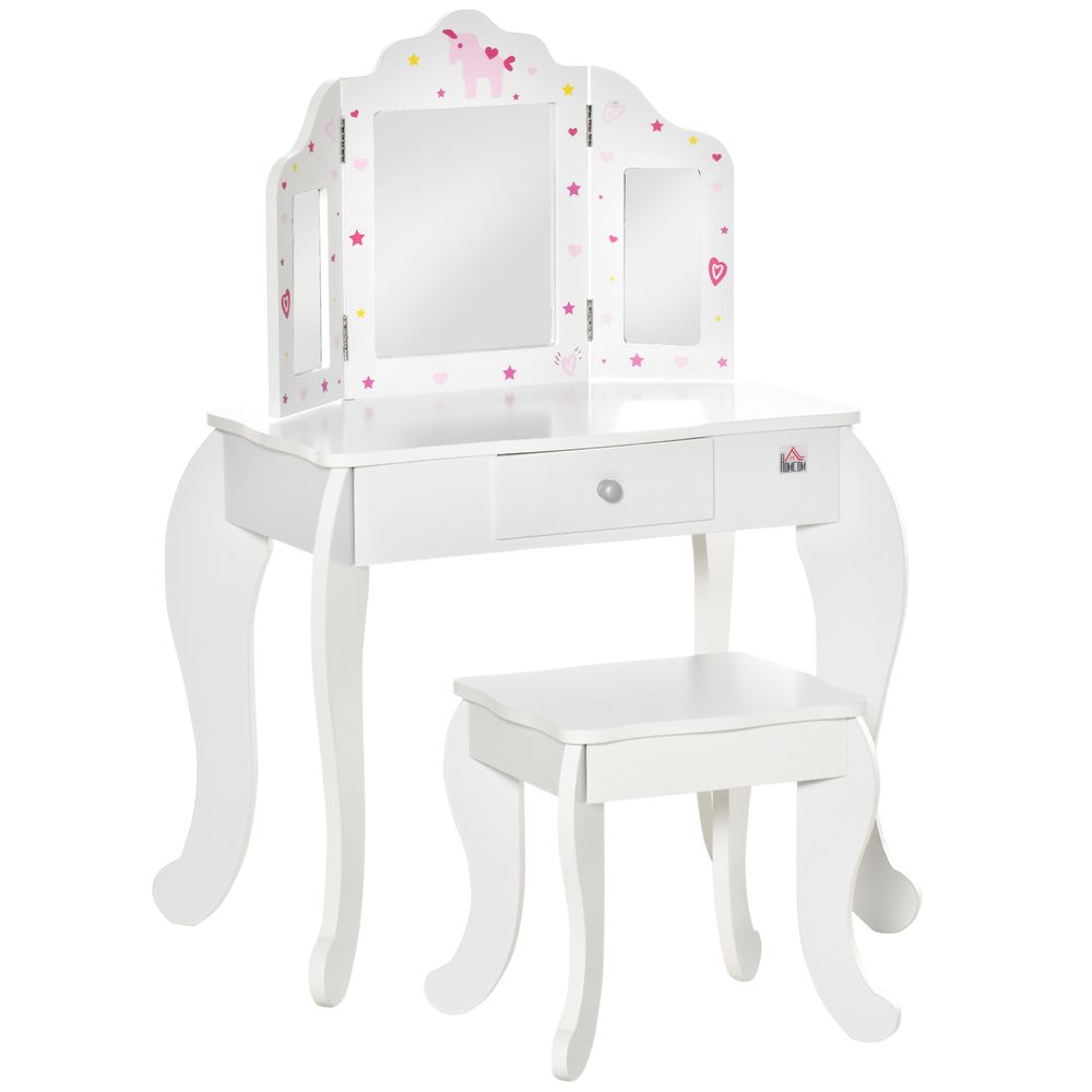 Kids Vanity Table & Stool Girls Dressing Set Make Up Desk Chair Dresser Play Set with Rotatable Mirrors Drawer Star & Heart Pattern White E