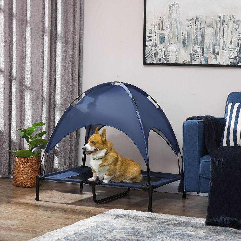 92cm Elevated Dog Bed Cooling Raised Pet Cot UV Protection Canopy Blue