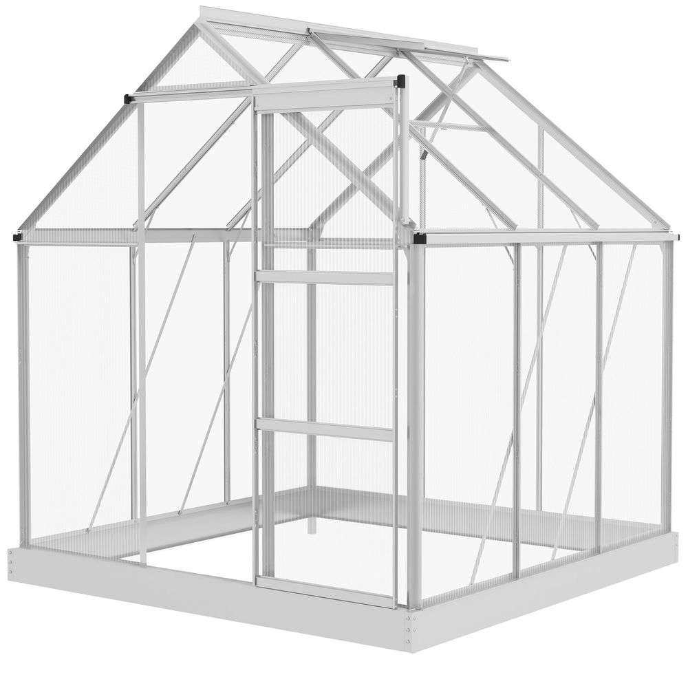 6 x 6ft Walk-In Polycarbonate Greenhouse with Foundation Window Silver