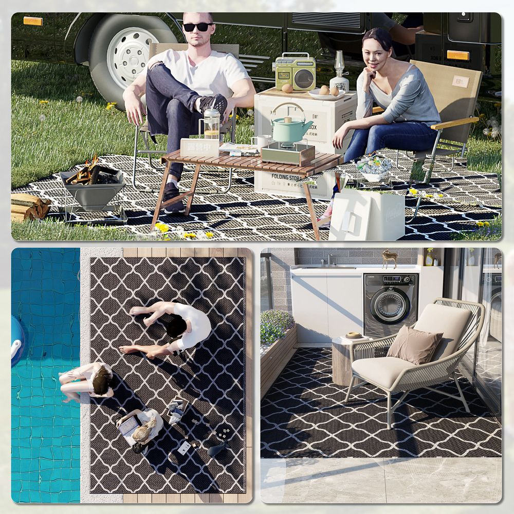 182x274cm Reversible Waterproof Outdoor Rug w/ Carry Bag - Ideal for Camping, Picnics, Festivals - Durable & Water-Resistant - Black