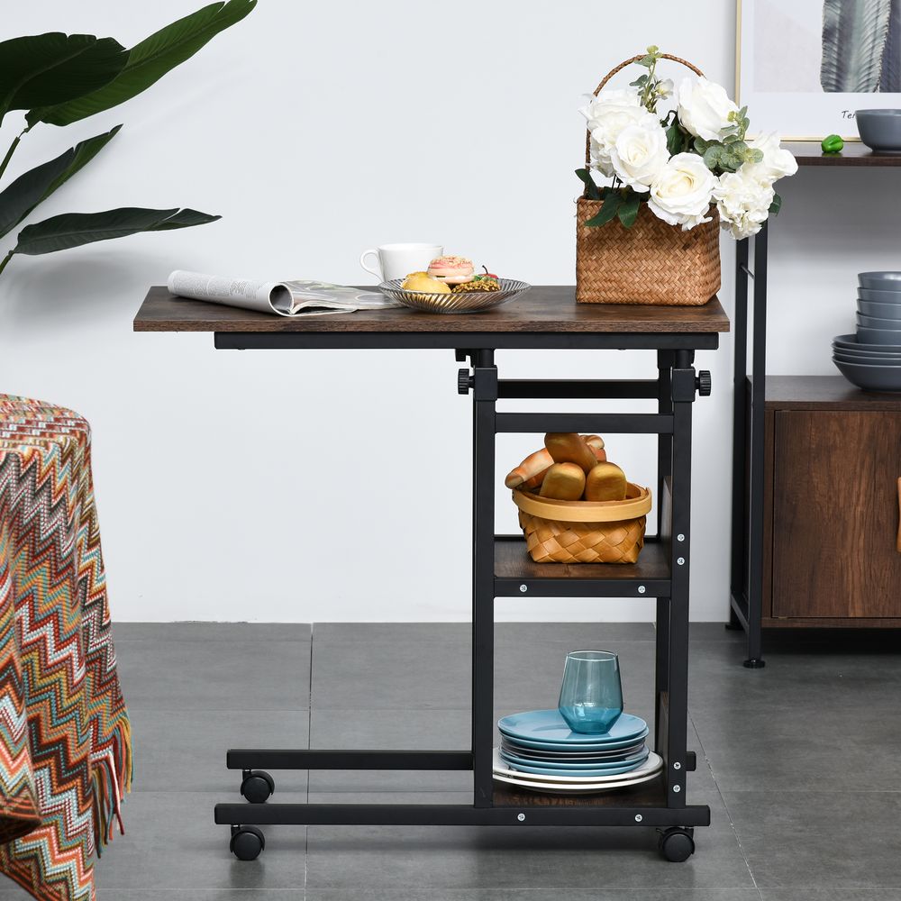 Industrial Mobile Sofa Side Table C-Shaped Rolling Couch Table with 3-Tier Storage Shelving Four Lockable Wheels Steel Frame - Brown
