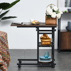 Industrial Mobile Sofa Side Table C-Shaped Rolling Couch Table with 3-Tier Storage Shelving Four Lockable Wheels Steel Frame - Brown