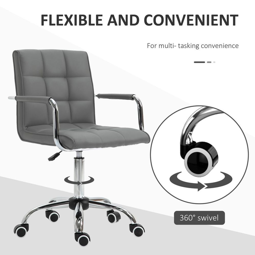 Comfortable Mid Back Swivel Home Office Chair - Grey PU Leather, Arm & Wheel