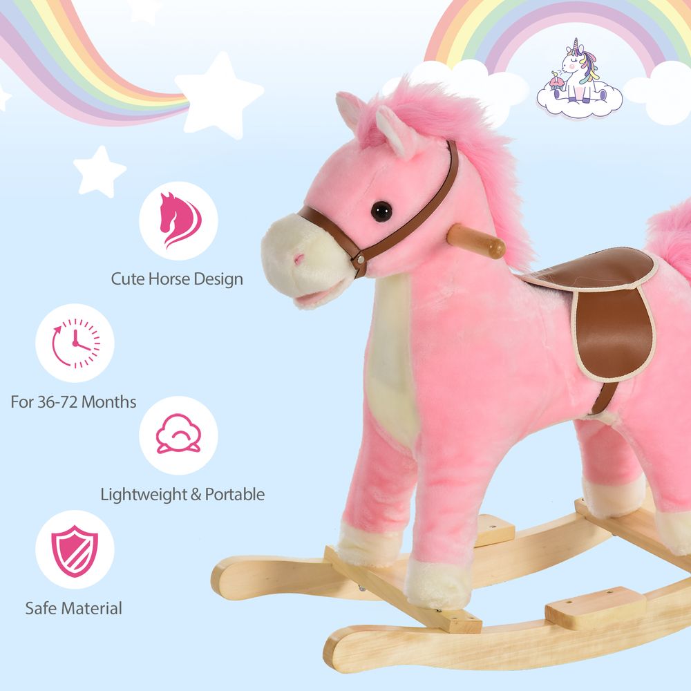 High-Quality Kids Plush Rocking Horse w/ Moving Mouth & Tail Sounds - Pink