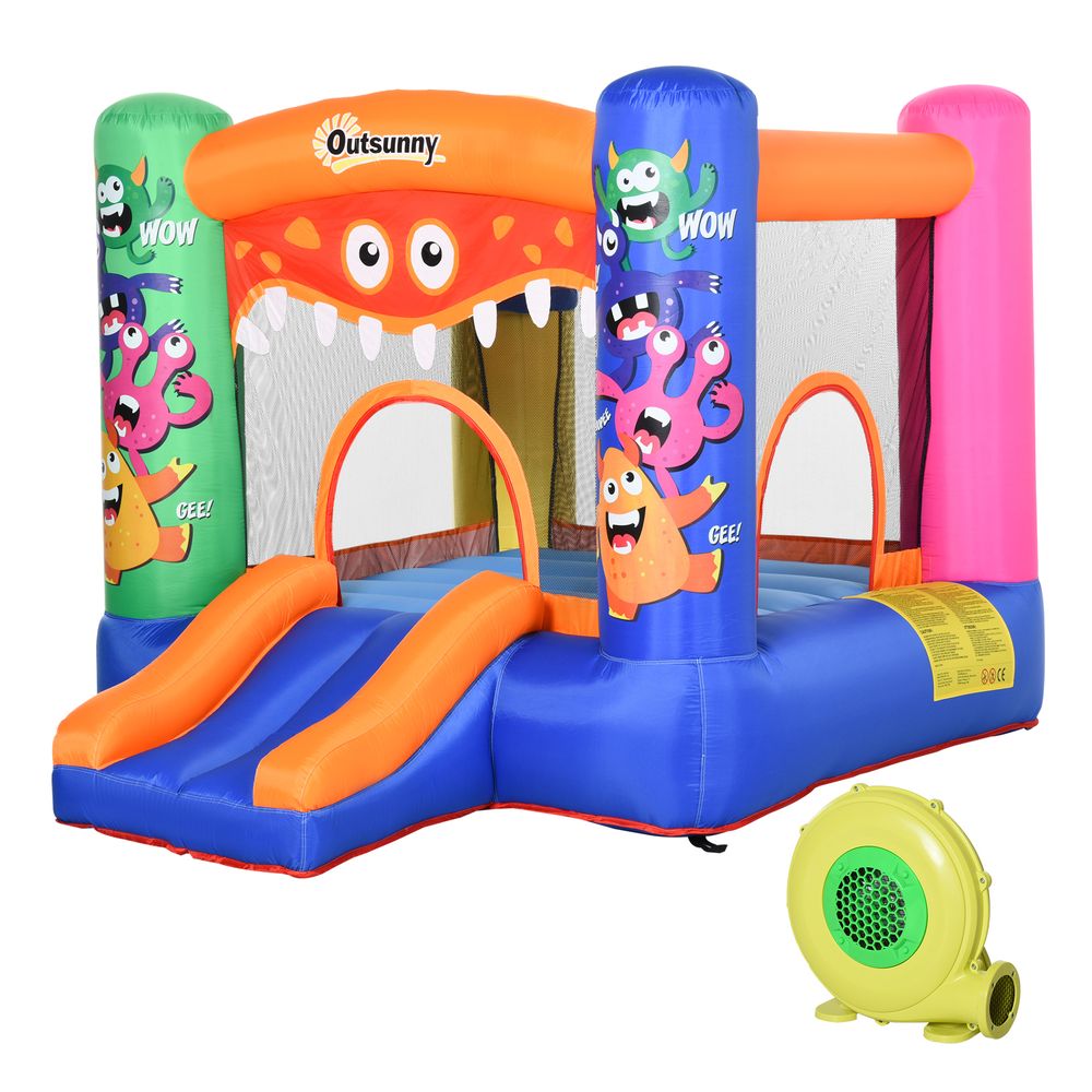 3-in-1 Kids Bouncy Castle with Slide Trampoline Basket, Inflatable Bounce House with Blower for Kids Age 3-8 Monster Design 2.5 x 1.8 x 1.75m