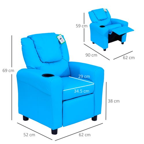 Kids Recliner, PU Leather Kids Armchair, Kids Chair, Toddler Armchair with Adjustable Backrest, Footrest, Padded Headrest, Cup Holder, Blue