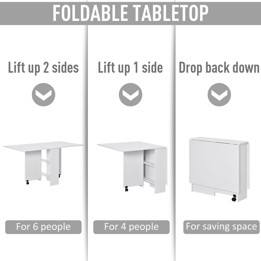 Space-Saving Folding Desk Table - Mobile Drop Leaf - Wheel Storage Shelves - White