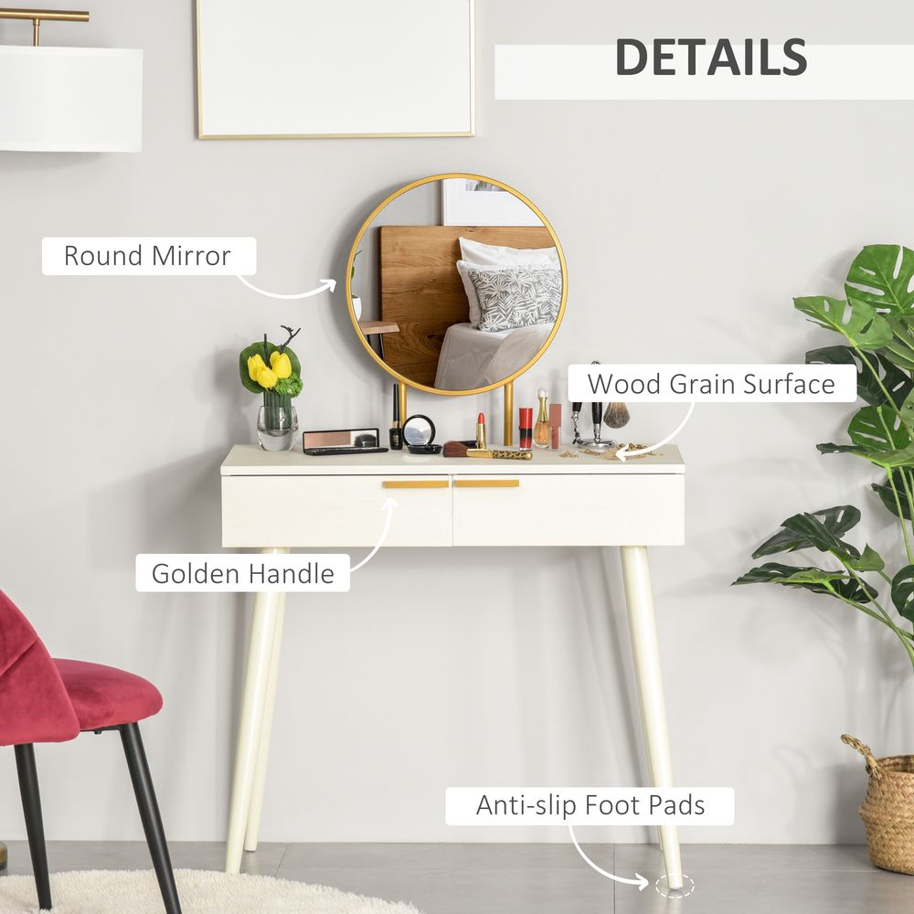 Elegant White Dressing Table with Round Mirror & 2 Drawers - Makeup Vanity Desk