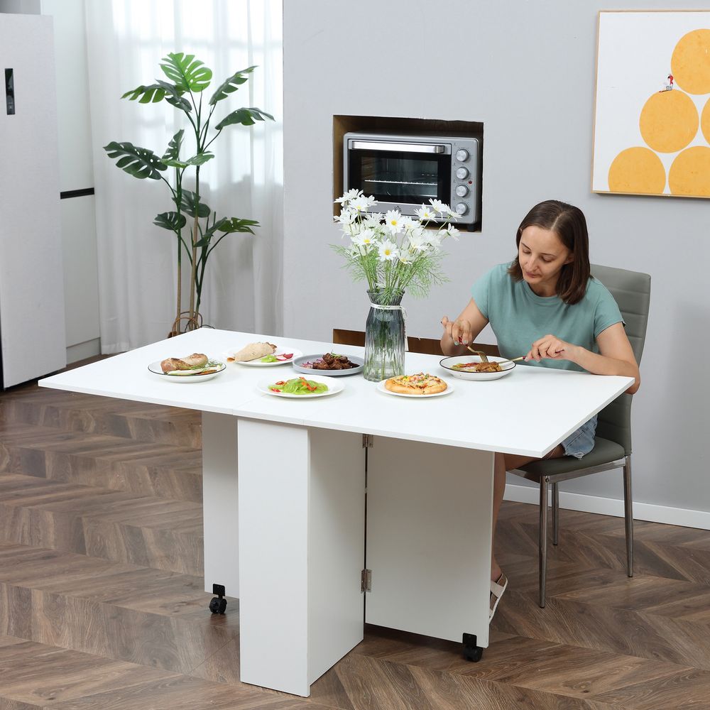 Space-Saving Folding Desk Table - Mobile Drop Leaf - Wheel Storage Shelves - White