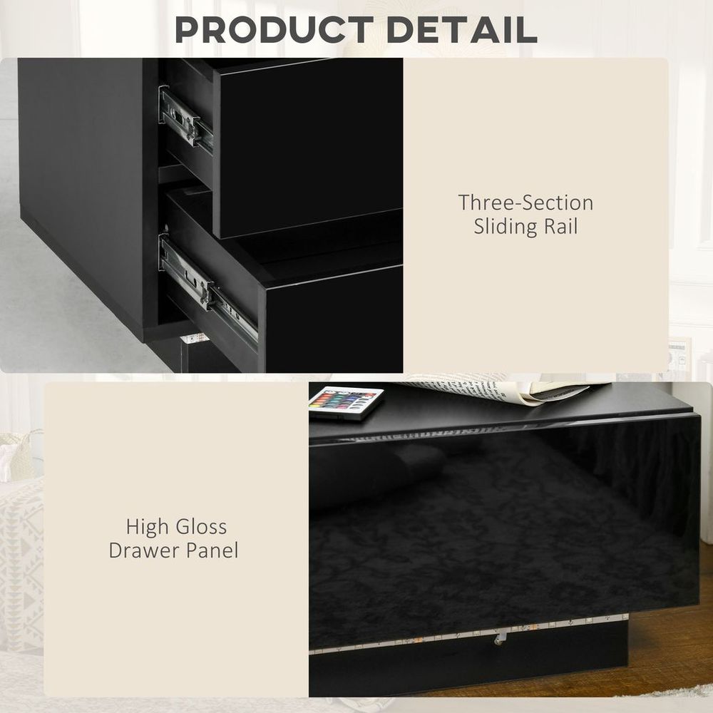 Modern Bedside Table with LED Light - Black